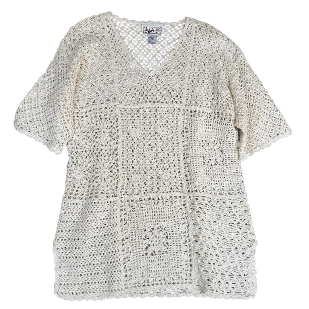 Vintage Gina Peters Shirt Top Women's Medium White Crochet Granny Square NWT Y2K